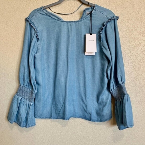 Zara Woman Blue top Premium Denim Collection Small Chambray Bell Sleeve Top S - Picture 6 of 9